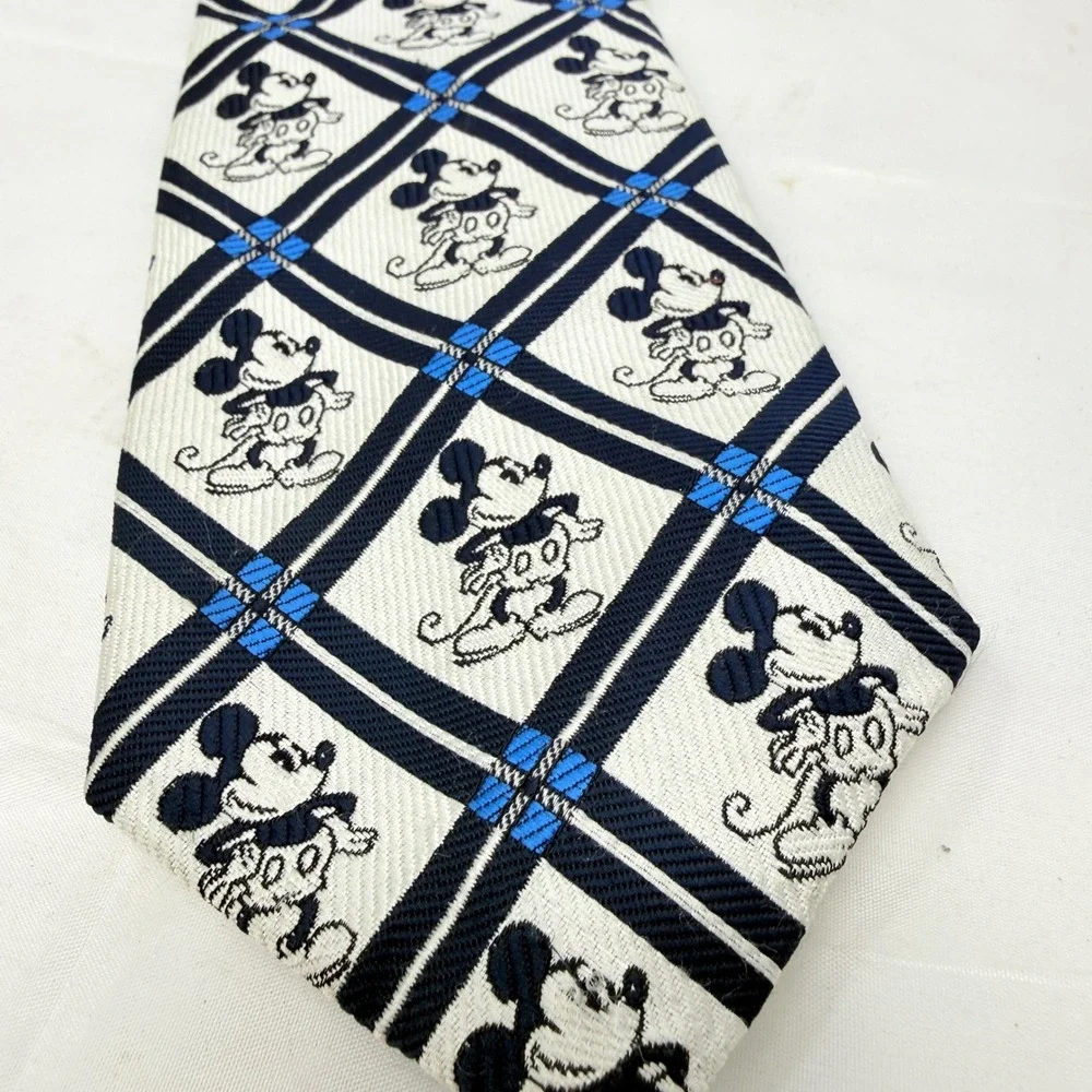 Disney Mickey Mouse Mens Necktie Navy Blue Cream Diamond Grid